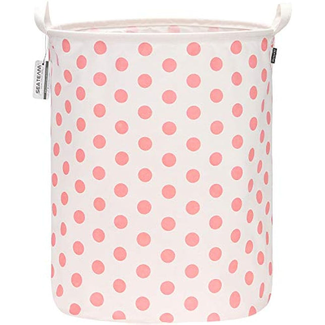 Sea Team 19.7 Inch Large Sized Waterproof Coating Ramie Cotton Fabric Folding Laundry Hamper Bucket Cylindric Burlap Canvas Storage Basket with Stylish Pink Dot Design