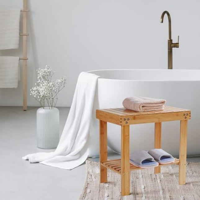 VaeFae Bamboo Bathroom Stools with Non-Slip Feets Storage Shelf for Shampoo Towel, Shower Stools Wooden Stool Works in Living Room/Bedroom/Garden Leisure