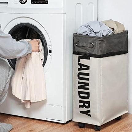 DOKEHOM 25-Inches Slim Laundry Basket on Wheels, Collapsible Rolling Laundry Hamper, Foldable Narrow Corner Clothes Storage Bins (Beige)