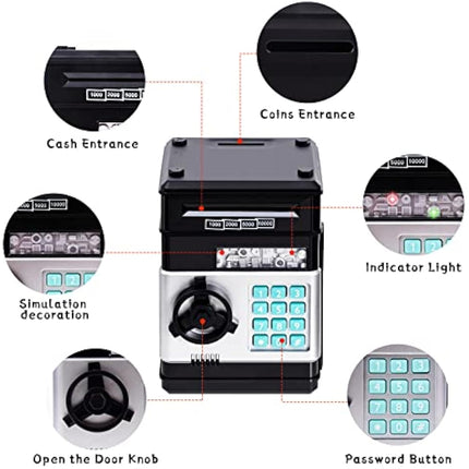 Thedttoy Digital Money Box Mini ATM Safe Money Bank for 3 4 5+ Years Old Kids, Cash Coins Saving Box Safe Money Box for Boys Girls, Perfect Piggy Bank Toy Gifts for Birthday Children's Day (Black)