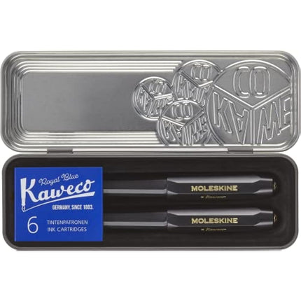 Moleskine x Kaweco Fountain Pen in ABS plastic with Gold-Plated Size M Nib and Refillable Ballpen for Writers, Note-Takers, Refill 1.0mm with Blue Ink and 6 Blue Ink Cartridges included, Color Black