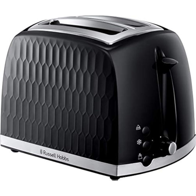 Russell Hobbs Honeycomb 2 Slice Toaster (Extra wide slots, High lift feature, 6 Browning levels, Frozen/Cancel/Reheat function, Removable crumb tray, 850W, Black, Textured high gloss) 26061