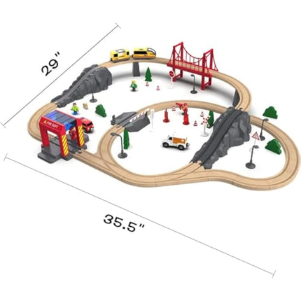 Giant bean Wooden Train Set 72 PCS, Wooden Train Tracks & Train Toys, Toddler Model Train Set, Toy Railway Kit for Kids Age 3 4 5 Year Old,Gift for Boys and Girls (Fire Station Theme)