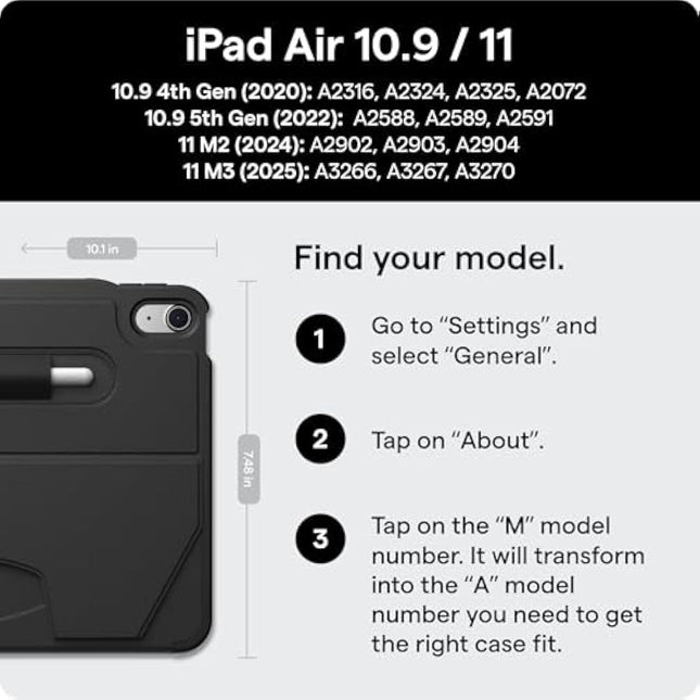 ZUGU CASE for iPad Air 11 (M3 2025 / M2 2024) iPad Air 5 & 4 10.9 inch (2022/2020) Slim Protective Cover, Wireless Apple Pencil Charging, Convenient 8-angle Magnetic Stand & Auto Sleep/Wake [Black]