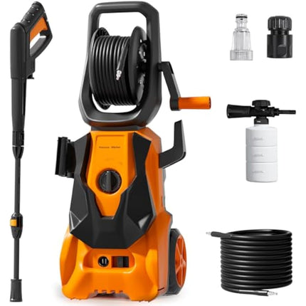 Pressure Washers 1800W,140Bar, Jet Washers Pressure Washers with Hose Reel Adjustable Nozzles & Foam Tank Power Cord, Power Washer for Yard, Cars, Garden, Furniture.