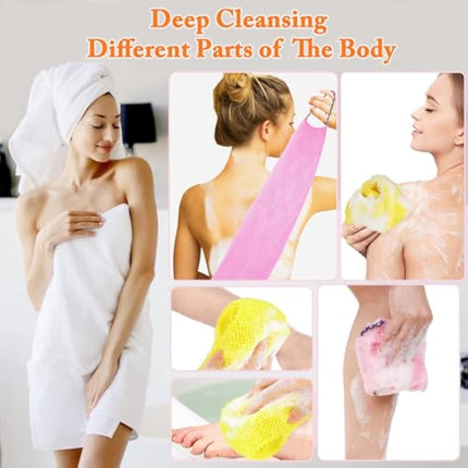 TENQUAN 3 PCS African Exfoliating Net Bath Sponge Exfoliating Body Scrubber Shower Scrubber Skin Smoother for Men Women Clean Clear Exfoliating Daily Wash (Pink Green Yellow)
