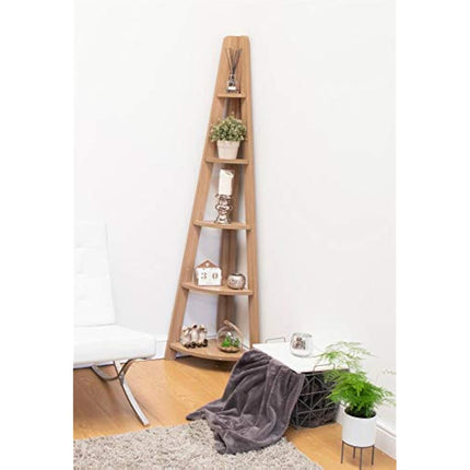 Timber Art Design Riva Scandinavian Retro 5-tier Corner Ladder Wooden Bookcase Shelving Unit for Storage Modern Furniture for Bedroom, Living Room, Oak - W38.6 x H175.4 x D38.6 cm