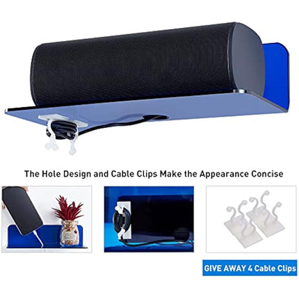 OAPRIRE Acrylic Floating Wall Shelves Set of 2, Damage-Free Expand Wall Space, Small Wall Shelf for Smart Speaker, Action Figures, Monitor with Cable Clips, Stick on, No Drill (Blue)