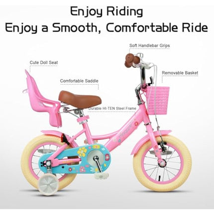 Glerc Maggie  14  Inch Kids Bike for 2-13 Years Old, Girls Bicycle with Doll-Seat & Basket & Stabilisers & Kickstand, Multiple Colors