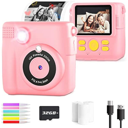 OPERHOO Kids Camera Girls Boys, Kids Instant Print Camera Toy 3-14 Year Old, 1080P HD Kids Digital Camera with Photo Paper Birthday Gifts 3 4 5 6 7 8 9+ Year Old Girl 6 Colour Pens 32GB SD Card