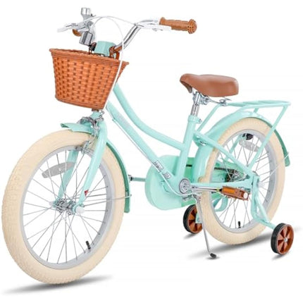 STITCH 18 Inch Kids Bike with Basket & Training Wheels for 3-8 Years Old Girls & Boys (Green & Pink)