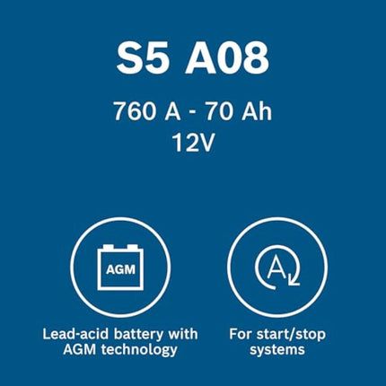 Bosch S5A08 Car Battery 70 A/h - 760 A - 12 V, Type 096, AGM Lead-acid for Vehicles with a Start/Stop System, Left (-) Right (+), 278 x 175 x 190 mm - For Vehicles with Regenerative Braking