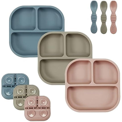 PandaEar 3 Pack Baby Suction Plates for Weaning with Spoons, Silicone Toddler Plates for Childrens Kids, Unbreakable Divided Baby Plate with Suction, Non-Slip, Non-Toxic, BPA Free (Blue Red Brown)