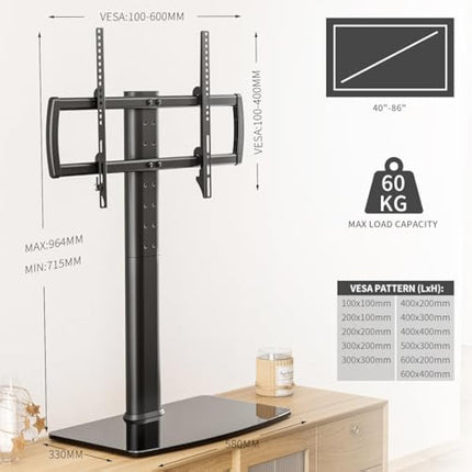 Universal Swivel TV Stand/Base Table Top TV Stand 40 to 86 inch TVs 110 Degree Swivel, 5 Level Height Adjustable, Heavy Duty Tempered Glass Base, Holds up to 66kgs Screens, HT04B-003P
