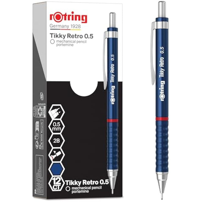 rOtring Tikky Retro Mechanical Pencils | 2B 0.5 mm | Blue Barrels | with Comfort Rippled Grip | 12 Count
