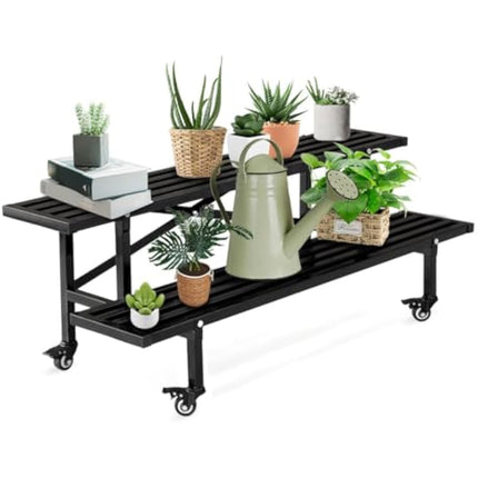 CStern Flower Shelf with Wheels, Metal Flower Stand, 2 Levels Flower Stairs, Black Plant Shelf, Plant Stairs, Flower Bench, Plant Stand, Flower Frame, Plant Shelf for Indoor, Outdoor, Garden, Balcony