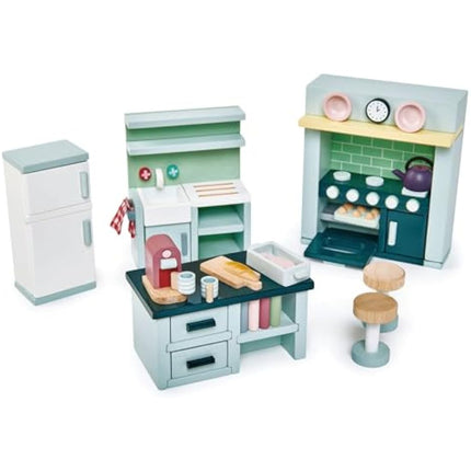 Tender Leaf Toys Dolls House Kitchen Furniture - Wooden Kitchen Furniture with Aga, Sink Unit, Fridge and Island Unit for Dolls 10-12cm Tall