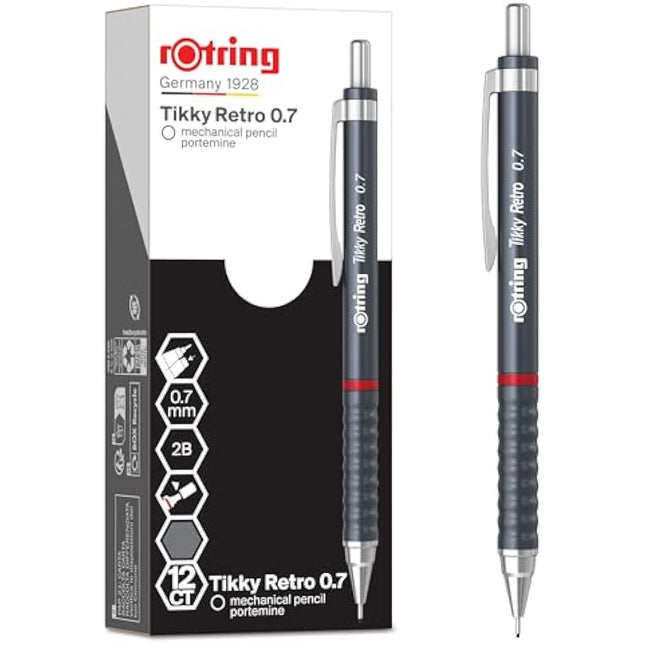 rOtring Tikky Retro Mechanical Pencils | 2B 0.7 mm | Grey Barrels | with Comfort Rippled Grip | 12 Count