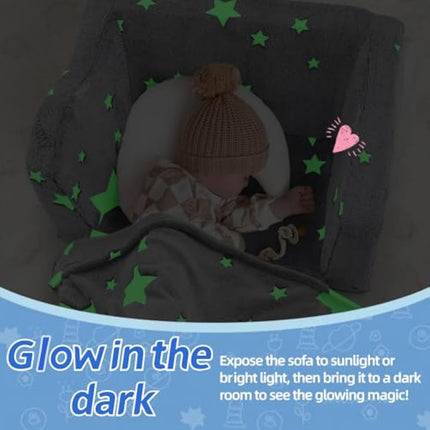 MeMoreCool Kids Couch Sofa, Folding Toddler Chair Bed, Soft Plush Fold Out Kids Armchair Floor Mini Sofa Glow in The Dark, Comfy Baby Recliner for Girls Boys, Grey