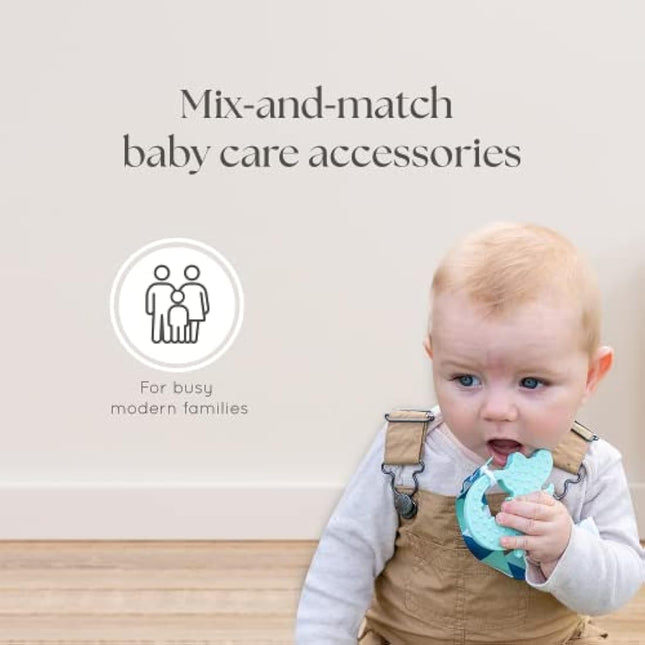 Dodo Babies Teething Toy & Pacifier Clip Set – Silicone Teether Four Pack Plus Two Universal Holder Paci Leashes and Binky Case – Blue Animal Shapes – Great Shower Gift for Baby Girl or Boy