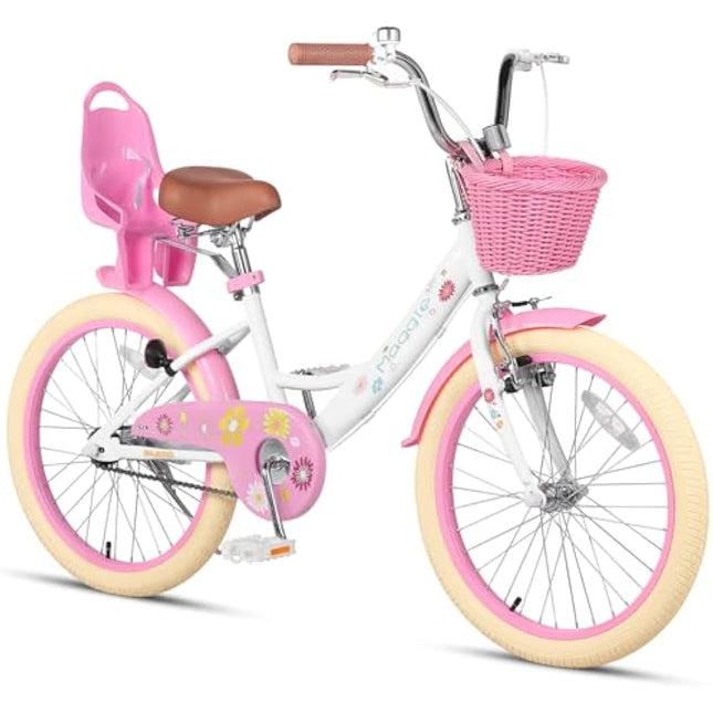 Glerc Maggie 20 Inch Kids Bike for 2-13 Years Old, Girls Bicycle with Doll-Seat & Basket & Stabilisers & Kickstand, Multiple Colors