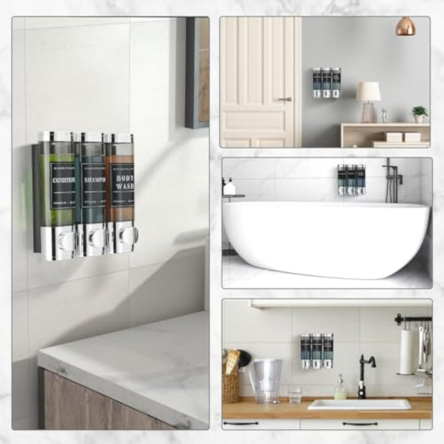 Unisense 3 Chamber Wall-Mounted Shampoo and Conditioner Dispenser for Shower - No Drill, Large Capacity, Chrome