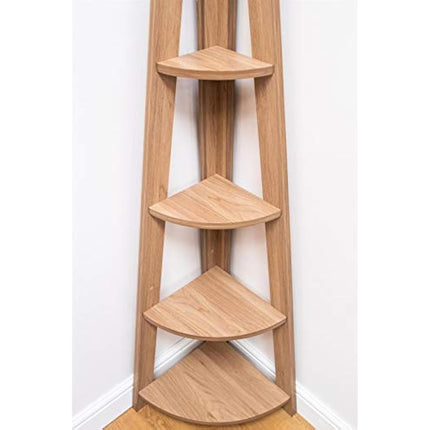 Timber Art Design Riva Scandinavian Retro 5-tier Corner Ladder Wooden Bookcase Shelving Unit for Storage Modern Furniture for Bedroom, Living Room, Oak - W38.6 x H175.4 x D38.6 cm