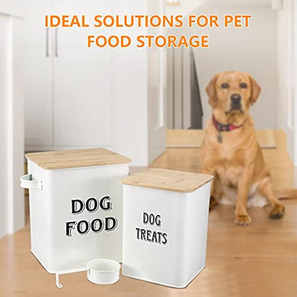 Pet Food and Treats Containers Set with Scoop for Cats or Dogs - Beige Powder-Coated Carbon Steel - Tight Fitting Wood Lids - Storage Canister Tins - Dog Food