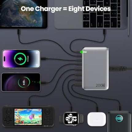 200W USB C Fast Charger Block,Upgraded GaN III 8-Port Charging Station Hub,PD 65W Laptop Charger Power Adapter Compatible with MacBook Pro/Air,Steam Deck,Dell XPS,iPhone 16 Pro/15,Galaxy S24/S23 etc