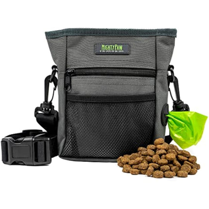 Mighty Paw Dog Treat Pouch 2.0 | Pet Training Hands-Free Snack Bag w/Strap. Holds 2 Cups Kibble, Phone & Keys. Magnetic Clasp & Waist Belt Clip. Includes 1 Roll of Poop Bags (Green/Grey)
