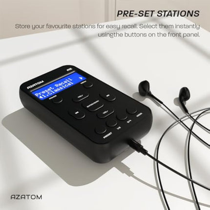 Portable DAB/DAB+ & FM Digital Radio | Sports Earphones Included | Clear Digital Display | Rechargeable Battery (10-12 Hours) | Perfect for Sports, Hiking or Working | AZATOM A2 (Black)