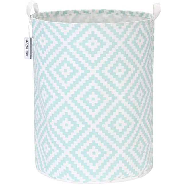 Sea Team 19.7 Inch Large Sized Waterproof Coating Ramie Cotton Fabric Folding Laundry Hamper Bucket Cylindric Burlap Canvas Storage Basket with Stylish Bohemia Mint Design