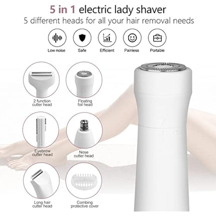 5 in 1 Lady Shavers for Women Facial Hair Remover for Women Bikini Trimmer Eyebrow Trimmer Electric Shaver for Face Eyebrow Lip Nose Legs Underarm Bikini Portable Waterproof Painless with USB Charging