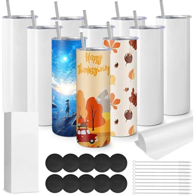 MSYU 10 Pack Sublimation Tumblers Bulk, 20 OZ Stainless Steel Double Wall Skinny Straight Tumblers Blank, Subbing Tumblers Cups with Sublimation Paper, Straw and Individually Box