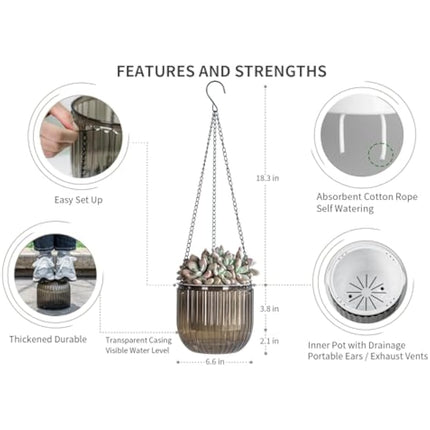 Josteve 6.5 Inch 2 Pcs Self Watering Hanging Planter Indoor Plant Pots with Drainage Holes, Outdoor Hanging Planters Flower Pot Basket, Visible Water Level, Plant Hanger Home Decor, Gardening