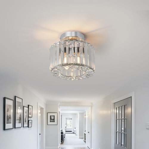 ANWIO Modern Crystal Ceiling Light, Chandeliers Ceiling,Semi Flush Light Fittings Ceilings,Hallway Ceiling Light for Bedroom Kitchen Bathroom,Silver Ceiling Light Shade(E27 Base,LAMP DIAM 21.5CM)