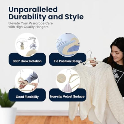 Sasha Morel 20 Pack Velvet Coat Hangers – Non Slip Velvet Hangers for Clothes, Space Saving Adult Hangers with Tie Organizer & Swivel Hooks – Clothes Hangers Wardrobe Storage - Cream
