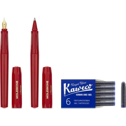 Moleskine x Kaweco Fountain Pen in ABS plastic with Gold-Plated Size M Nib and Refillable Ballpen for Writers, Note-Takers, Refill 1.0mm with Blue Ink and 6 Blue Ink Cartridges included, Color Red
