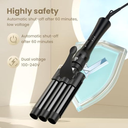 Hair Waver Curling Wand Iron Tong, Chopstick, 5 in 1 Hair Curler for Long Hair 10mm-32mm with 2 Crocodile Clips 1 Anti-Scald Silicone Gloves, PTC Ceramic Triple Barrels LCD 180°C & 210°C