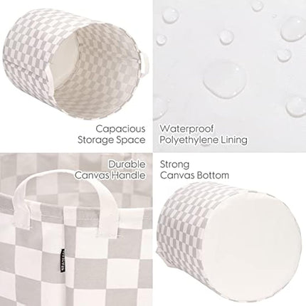 Sea Team 19.7 Inch Large Sized Waterproof Coating Ramie Cotton Fabric Folding Laundry Hamper Bucket Cylindric Burlap Canvas Storage Basket with Stylish Grid Grey Design