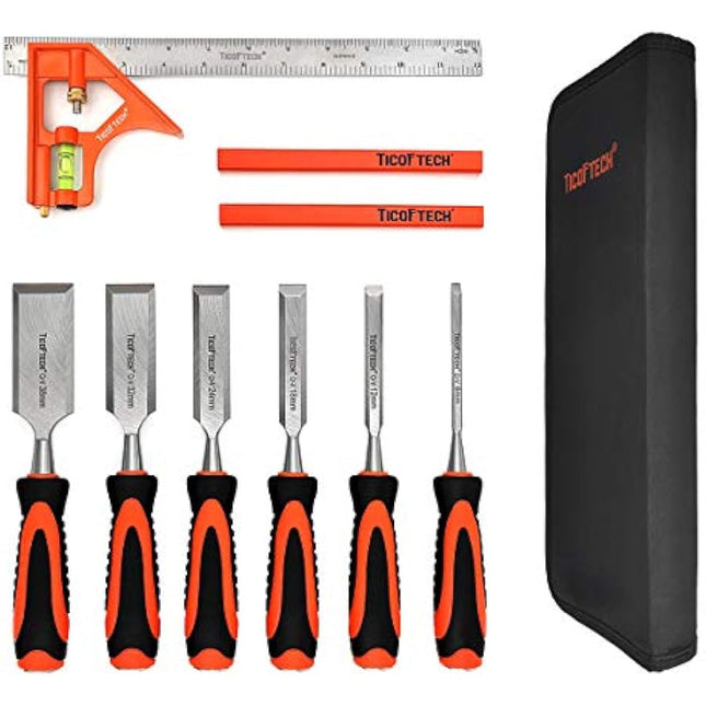 TICOFTECH Wood Chisel Set, 9 Pieces Chisel Set Woodworking Tools, with 6 Wood Chisels in Heated Tread Cr-V Alloy, 1 Combination Square, 2 Carpenter Pencils, Woodworking Tools and Accessories