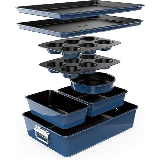 NutriChef Baking Tray Set, Stackable Bakeware Trays, Baking Trays, 8 Pcs Non-Stick Oven Safe Baking Sets w/Cookie, Loaf Pan, Pizza Pan, Muffin Tins, Cake Tin, Round/Square Pans
