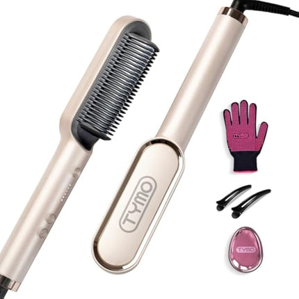 TYMO Hair Straightener Brush UK, Flat Iron and Hair Brush 2-in-1, Anti-Scald, Fast Heating, 5 Temp Settings (130℃-210℃), Professional Salon at Home, Wider Comb for Even Straightening, Gold