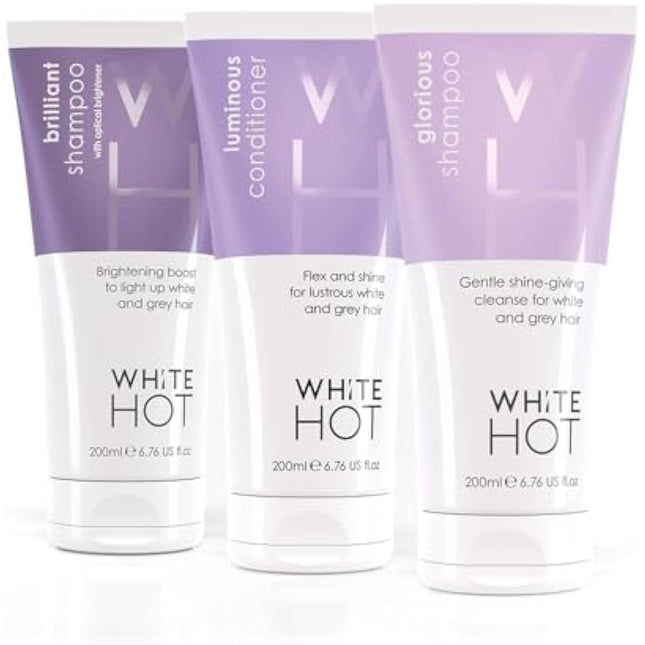 White Hot Cleanse & Condition Trio: brightening hair care regime to cleanse & add gloss to white & grey hair, purple shampoo