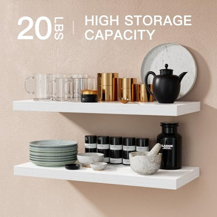 STOREMIC Floating Shelves, White Shelves with Length 60cm, Set of 2 Wall Shelves, Easy to Install Decorative Shelf with Large Storage for Bedroom,