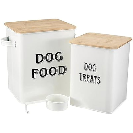 Pet Food and Treats Containers Set with Scoop for Cats or Dogs - Beige Powder-Coated Carbon Steel - Tight Fitting Wood Lids - Storage Canister Tins - Dog Food