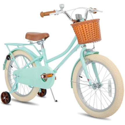 STITCH 18 Inch Kids Bike with Basket & Training Wheels for 3-8 Years Old Girls & Boys (Green & Pink)