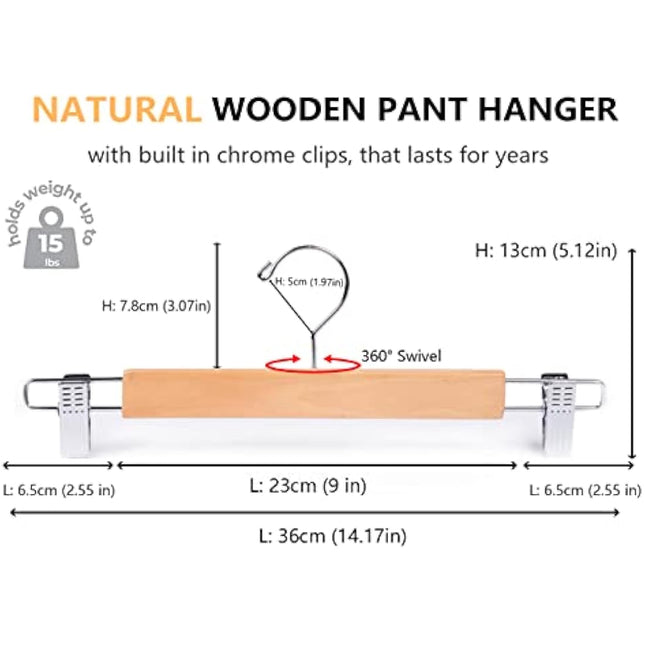 Amber Home 36cm Natural Wooden Pants Hangers 20pcs, Smooth Wood Skirt Hanger Organizer with Adjustable Anti-Slip Chrome Clips, Space Saving Solid Clothes Hangers Rack for Bottoms Jeans Slacks Trousers