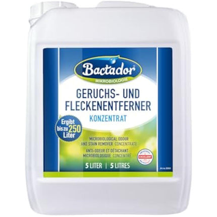 Bactador Odor and Stain Remover Concentrate 5L - Biological enzyme cleaner against sweat, smoke, cat urine, dog urine, animal odors - For household, car & animal environment