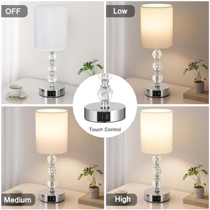 Aooshine Touch Table Lamp, Crystal Bedside Lamps with 3 Way Dimmable, Touch Lamps Bedside with USB C+A Charging Ports, Bed Lamps with White Fabric Shade for Living Room, Bedroom, Dorm(Bulb Included)